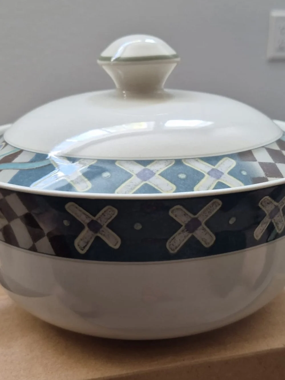 Two Covered Serving Bowl in White and Blue Pattern